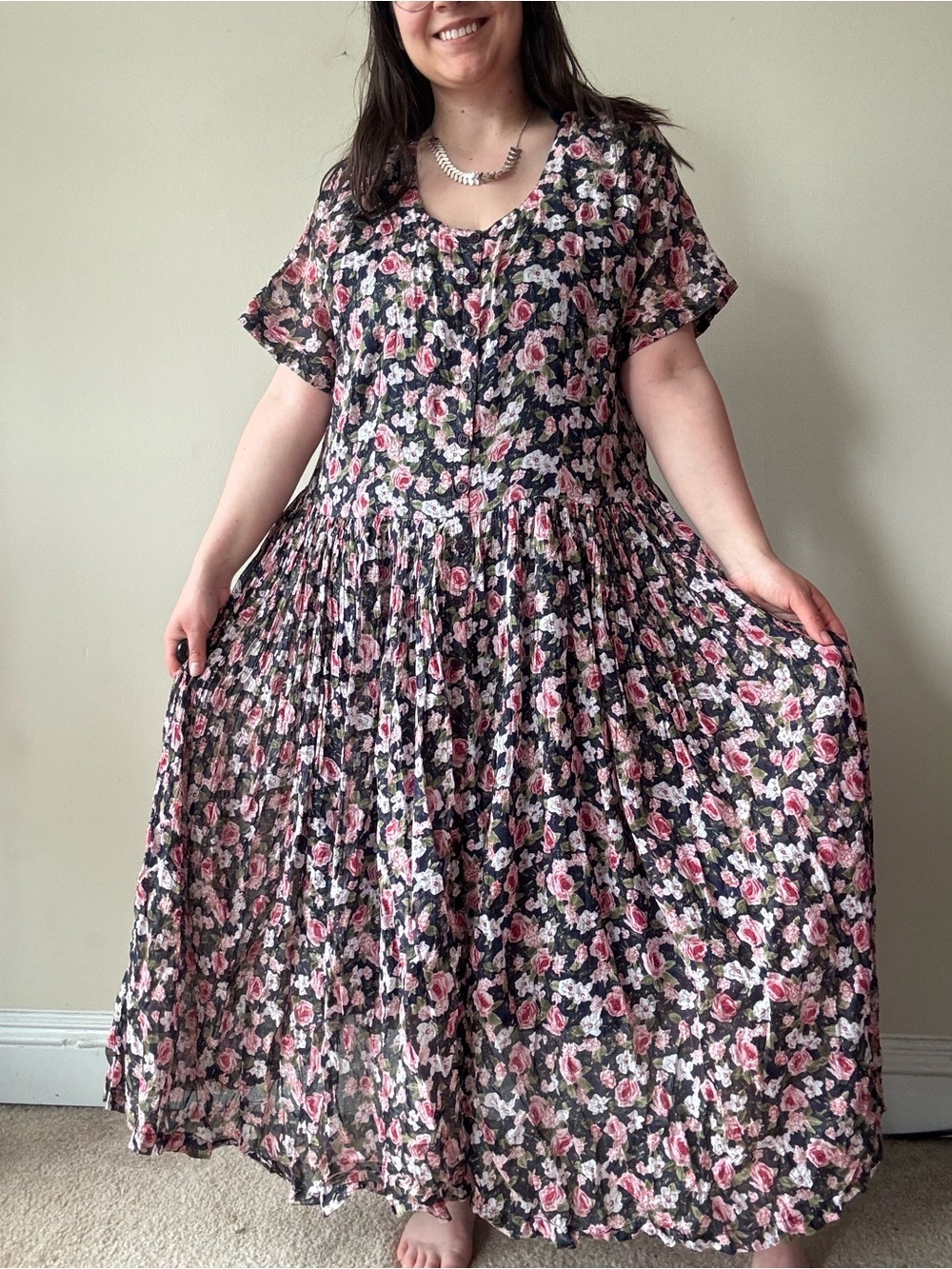 Vintage Women’s Floral Maxi Dress - Pink and Navy